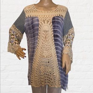 John Mark Blueprint Multi Media Boho Crocheted Long Tunic Top Blouse Large VGC